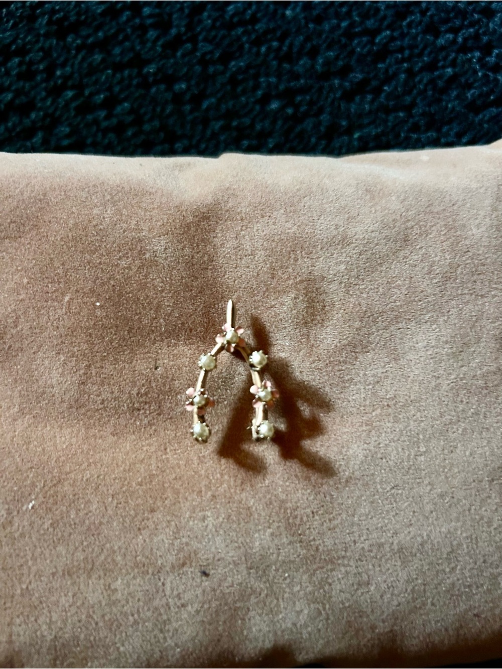 Vintage Delicate Gold with Pink Flowers and Pearls Wish Bone Pin